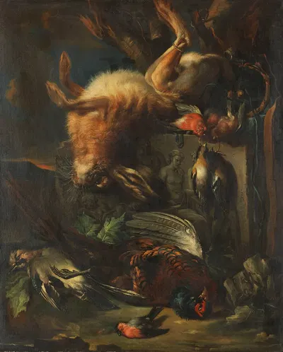 Zugeschrieben – Jagdstillleben mit Hase und Vögeln by Franz Werner von Tamm, 1700 — digital art print download