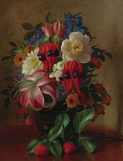 Still Life With Flowers And Strawberries by Джордж Генри Холл, 1868 — digital art print download