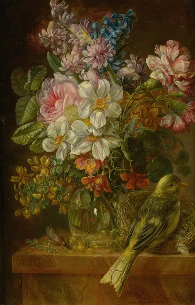 Still Life Of Flowers, Bird And Grasshopper On A Ledge by Немецкая школа — digital art print download