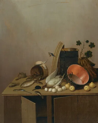 Still Life With A Dead Duck, Fish, Pears, Eggs, A Copper Pot And Other Objects, All Arranged On A Kitchen Cabinet by Геррит…