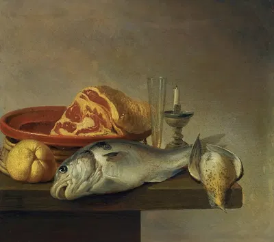 Still Life With A Ham, A Fish, A Candle And Other Objects Arranged On The Edge Of A Tabletop by Harmen Steenwyck — digital…