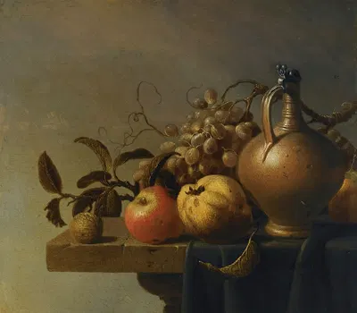 Still Life With A Ewer And Some Fruit On A Partly-Draped Stone Ledge by Harmen Steenwyck — digital art print download