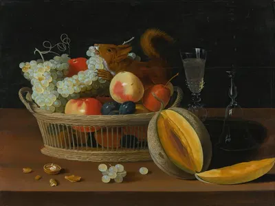 Still Life With A Basket Of Fruit And A Squirrel, Glasses, And A Cut Melon On A Tabletop by Jacob Foppens van Es — digital…