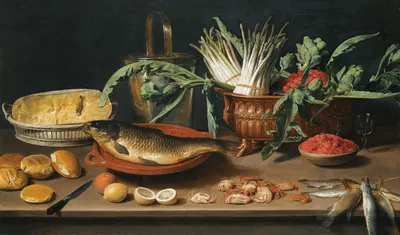 Still Life With A Fish On A Terracotta Plate, Bunches Of Asparagus, Artichokes And Cherries In A Scalloped Dish, by Jacob…