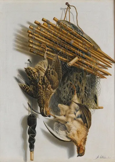 A Trompe L'oeil Still Life With Two Quails, A Bird-Net And A Whistle by Jacob Biltius — digital art print download