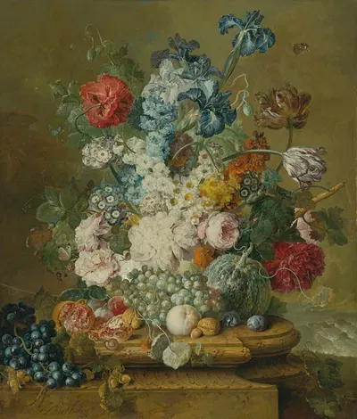 Still Life Of Peonies, Primroses, Irises, Tulips, A Poppy And Other Flowers With Grapes, A Melon, A Pomegranate, Peaches,…