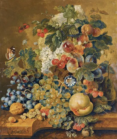 A Still Life With A Basket Of Fruit, Nuts And Flowers On A Stone Ledge by Jacobus Linthorst, 1812 — digital art print…