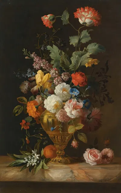 A Still Life Of Roses And Other Flowers In A Metal Vase On A Marble Ledge by Jakob Bogdány — digital art print download
