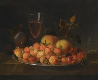 Still Life Of Strawberries, Cherries And Peaches On A Silver Dish by Jakob Bogdány — digital art print download