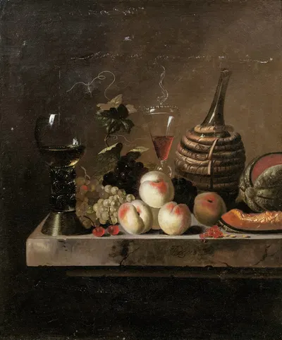 Still Life With Fruit, A Wine Flask In A Basket And A Large Roemer by Jakob Bogdány — digital art print download