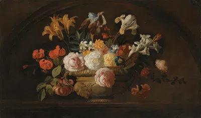 Still Life Of Flowers In A Vase On A Marble Shelf by Jakob Bogdány — digital art print download