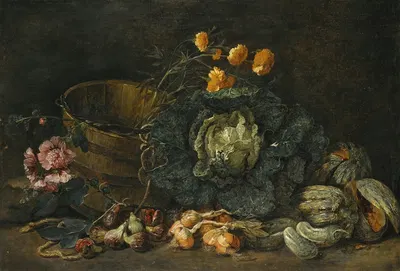 Still Life With Onions, Figs, Cucumbers, A Cabbage And Some Flowers Arranged On The Floor Next To A Wooden Tub by Ян Фит,…