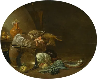 A Kitchen Still Life Of A Hare, A Mallard, Artichokes, Cabbage, Pears, A Fish On An Earthenware Platter, And Pots And Pans…