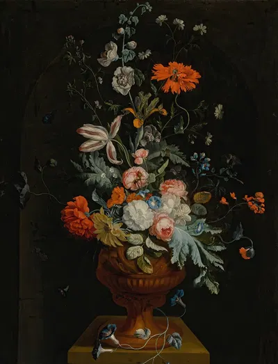 Still Life Of Flowers In A Terracotta Vase Before A Stone Niche by Jan van Huysum — digital art print download