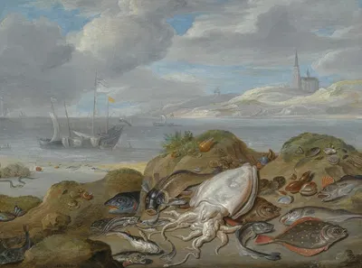 Still Life With Cuttle Fish, Plaice, Cod, Mussels And Other Fish On A Dune, A Church Across A River Estuary Beyond by Ян…