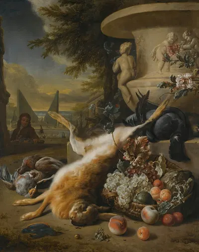 A Still Life Of Game Birds, Grouse, A Hare And A Kingfisher, With A Basket Of Fruit At The Foot Of A Stone Urn, An…