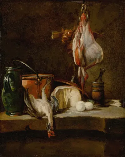 Still Life with a ray-fish, a basket of onions, eggs, cheese, a green jug and a copper pot by Жан Симон Шарден — digital…