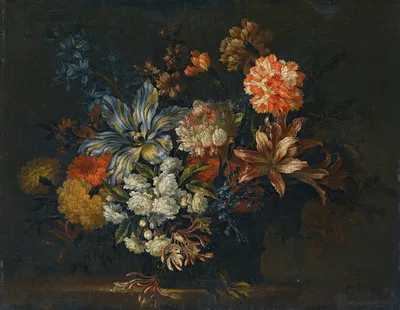 A Still Life Of Lillies, Honeysuckle And Other Flowers In A Vase On A Ledge by Jean-Baptiste Monnoyer — digital art print…