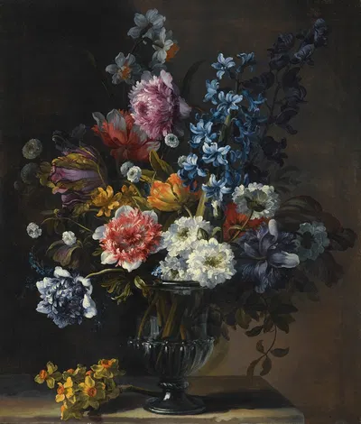 A Still Life With Tulips, A Hyacinth And Other Flowers In A Glass Vase On A Stone Plinth by Jean-Baptiste Monnoyer —…