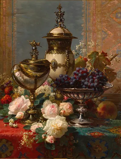A Still Life With Roses, Grapes, And A Silver Inlaid Nautilus Shell by Jean-Baptiste Robie — digital art print download