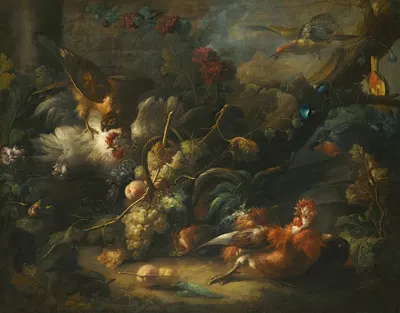 A Forest Floor Still Life With Poultry Attacked By A Hawk by Иоганн Баптист Дрекслер — digital art print download