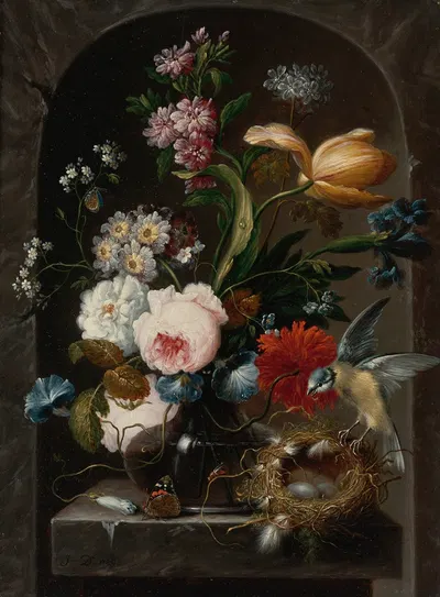 Still Life Of Roses, Morning Glories, Primroses, A Tulip And Other Flowers In A Glass Vase, With A Bird And Bird's Nest by…