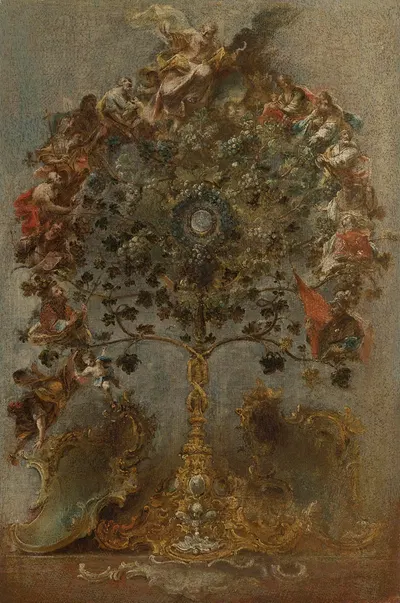 Design For A Monstrance With Grape Vines, God The Father And Other Figures by Иоганн Вольфганг Баумгартнер — digital art…