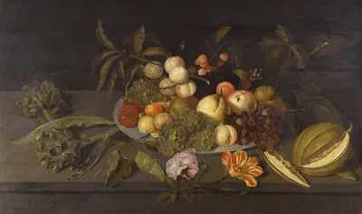 Still Life With Apples, Pears, Grapes And Other Fruits In A Chinese Porcelain Bowl On A Ledge Alongside A Melon by Johannes…