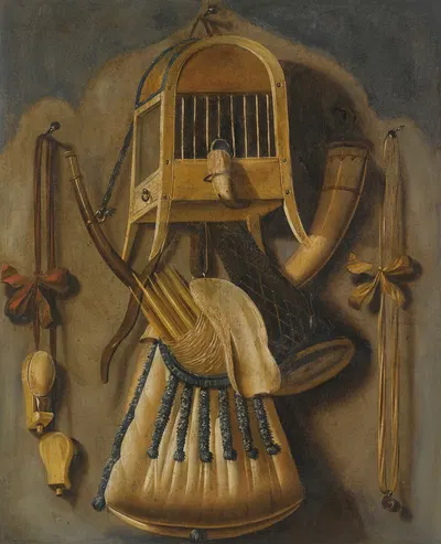 A Trompe L'oeil Still Life With A Bird Cage, A Hunting Horn, A Bird Whistle, And Other Hunting Implements Hanging On A Wall…