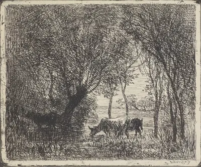 Cows in woods by Шарль Франсуа Дюбини, 1862 — digital art print download