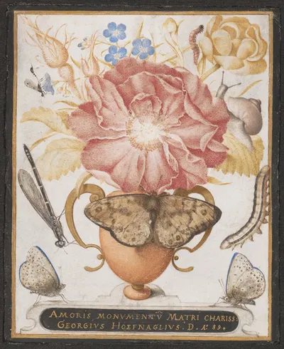 Still Life with Flowers, a Snail and Insects by Joris Hoefnagel, 1589 — digital art print download