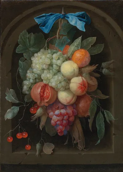 Still Life Of Grapes, Peaches, A Pomegranate And Other Fruit Hanging From A Nail Before A Stone Niche by Joris van Son —…