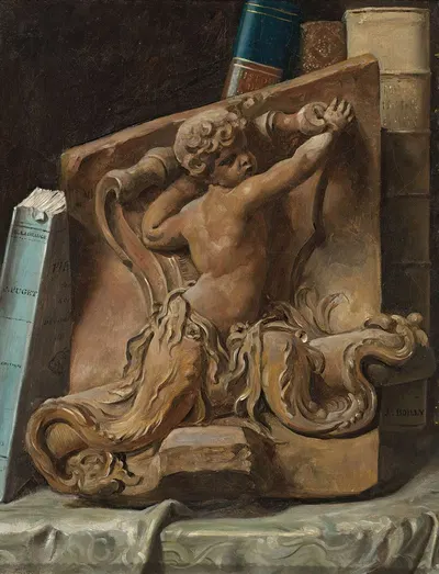 Trompe L'oeil Of A Bookshelf With A Terracotta Relief by Жюльен Леопольд Бойи — digital art print download