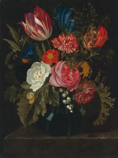 Still Life Of Roses, Carnations, A Tulip And Other Flowers In A Glass Vase by Maria van Oosterwijck — digital art print…