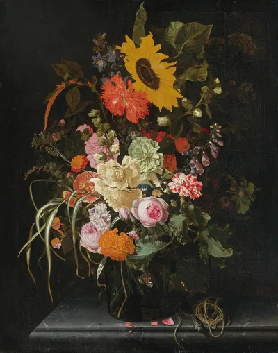 Still Life Of Roses, Carnations, Marigolds And Other Flowers With A Sunflower And Striped Grass by Maria van Oosterwijck,…