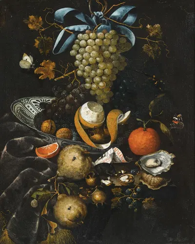 A Still Life Of Blue And White Grapes, Walnuts, A Half-Peeled Lemon And Blackberries In A Wan-Li Porcelain Bowl by Martinus…