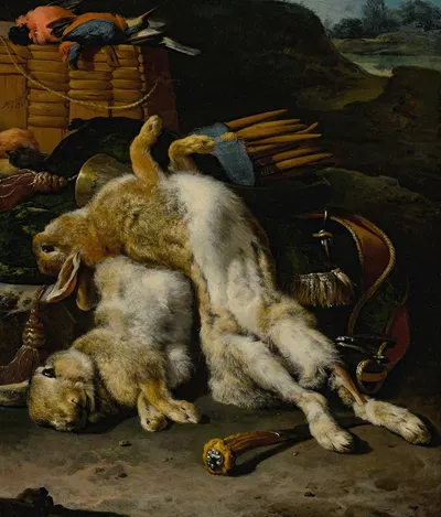 A Brace Of Rabbits And Small Birds With Hunting Equipment In A Landscape by Мельхиор д'Ондекайтер — digital art print…