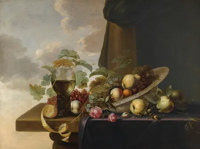 A Still Life With Grapes, Pears, A Peach And Roses In A Waanli Kraak Porcelain Bowl, With A Roemer And A Half-Peeled Lemon…