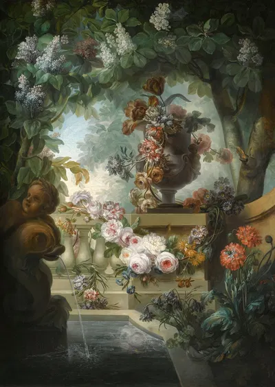 A Garden Scene With An Urn Of Flowers, A Flower Garland And A Fountain Beneath A Canopy Of Wisteria by Miguel Parra Abril —…