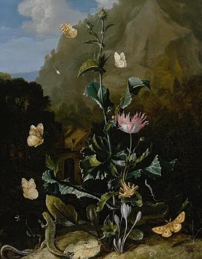 Still life of a thistle and other flowers surrounded by moths, a dragonfly, a lizard and a snake, in a landscape by Отто…