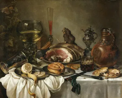 Still Life Of A Roemer, An Earthenware Jug, An Overturned Silver Beaker, A Ham And Other Objects Arranged Upon A Draped…