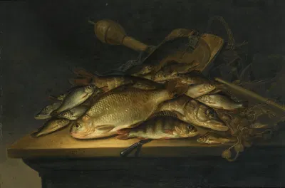Still Life With Fish, Nets, Fishing Equipment And A Knife On A Table by Питер де Путтер — digital art print download