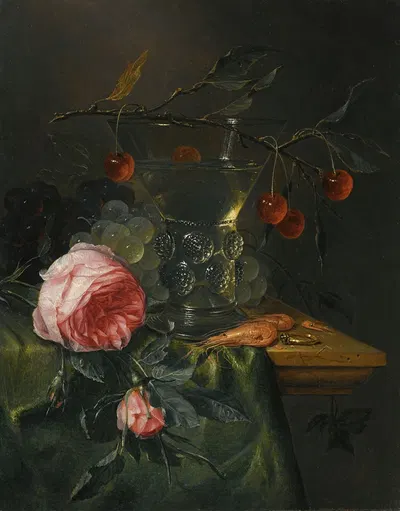 A Still Life With A Cherry Branch Over A Half-Full Conical Roemer, Red And Green Grapes by Pieter de Ring — digital art…