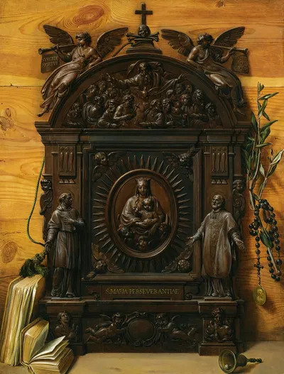 A Trompe L'oeil Still Life Of A Portable Wooden Altar With A Rosary, A Hand Bell And Books Lying On The Ledge Beside by…