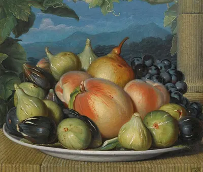 A Still Life With Figs, Peaches, A Pear And Black Grapes On A White Dish, An Extensive Landscape Beyond by Испанская школа…