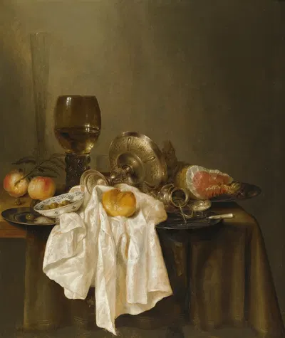 A Banketje Still Life With A Roemer, A Silver Tazza On Its Side, A Ham, Peaches, A Salt Cellar, A Bread Roll And A White…