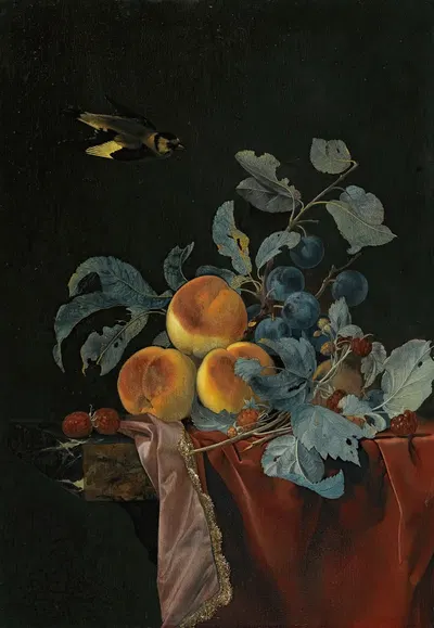 A Still Life With Peaches, Raspberries And Damsons On A Partially Covered Marble Ledge, A Bird Flying Above by Willem van…