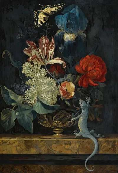 A Still Life With Tulips And Other Flowers In A Vase On A Marble Ledge, With A Lizard And A Butterfly by Willem van Aelst —…
