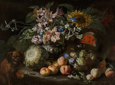 A still life of fruit and flowers in a footed gadrooned silver vase with a spaniel looking on by Абрахам Брейгель, 1685 —…