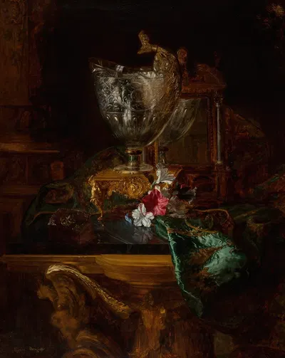 A nautilus cup on a carved stand with a floral still life by Blaise-Alexandre Desgoffe — digital art print download